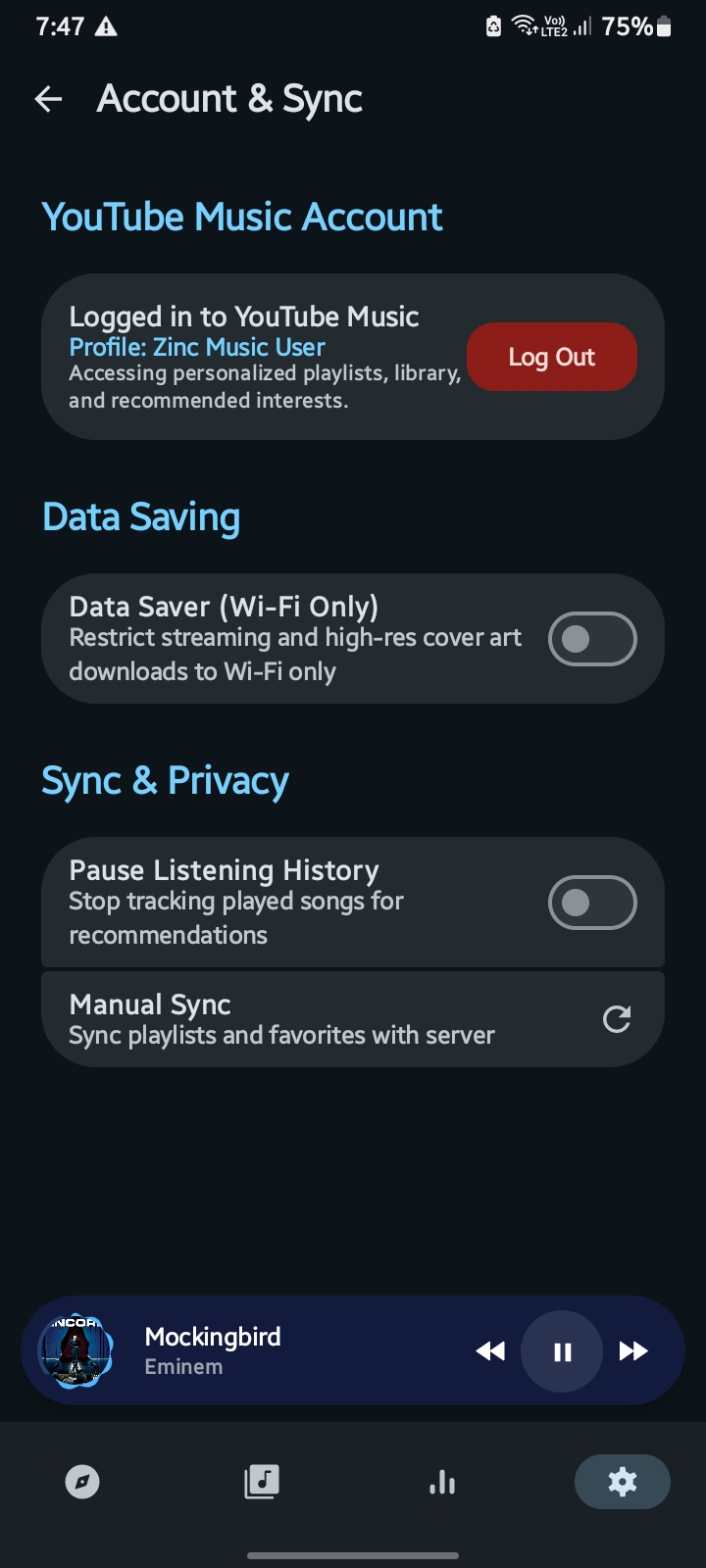 Zinc Music YouTube Music screen